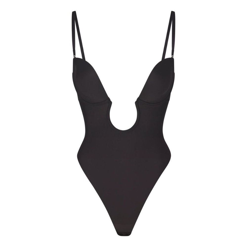 Skims Shapewear A deep plunge neck thong bodysuit with U-wire Onix/Black Large